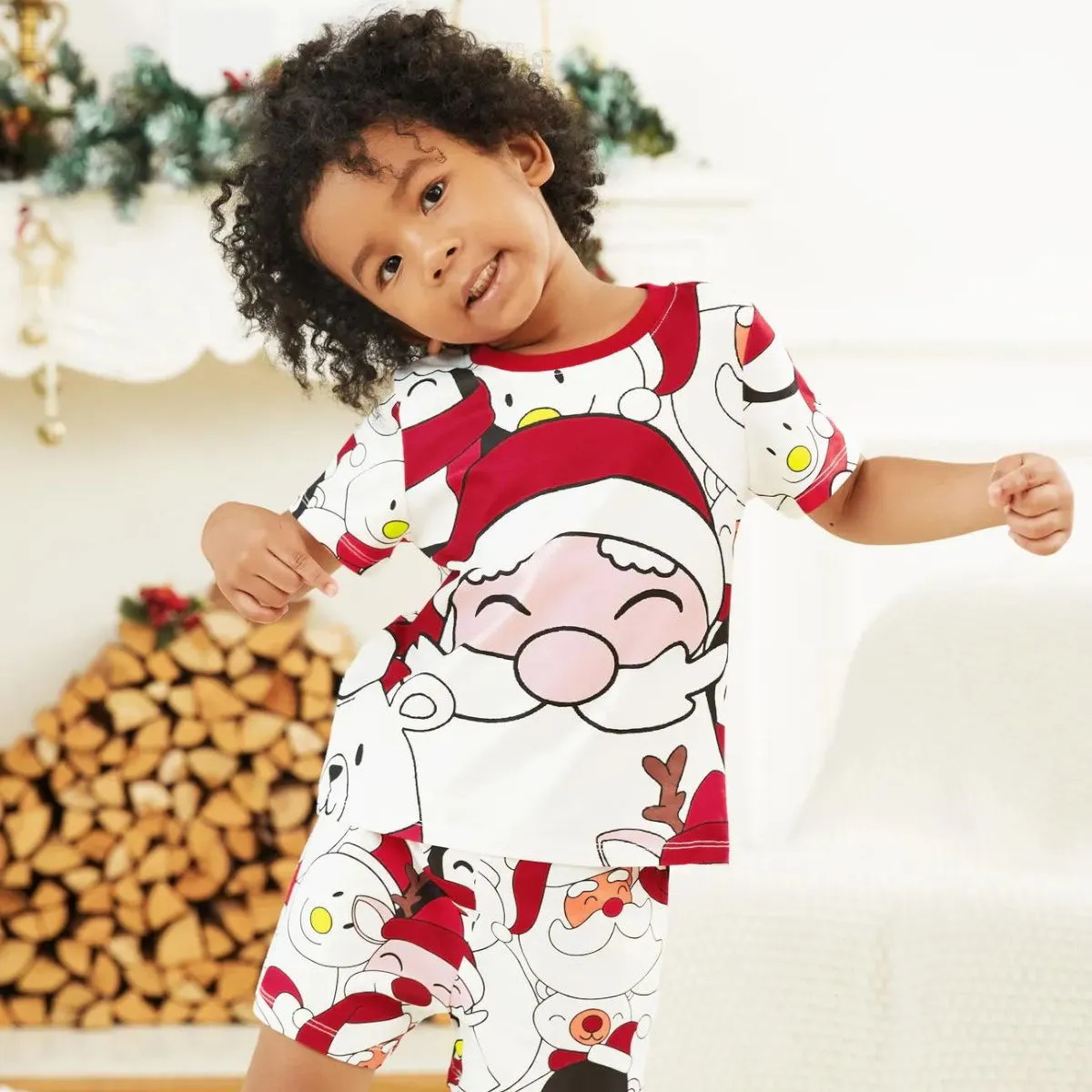 Santa Claus Merry Christmas Short Sleeve Christmas Pajama Allover Penguin and Santa Print