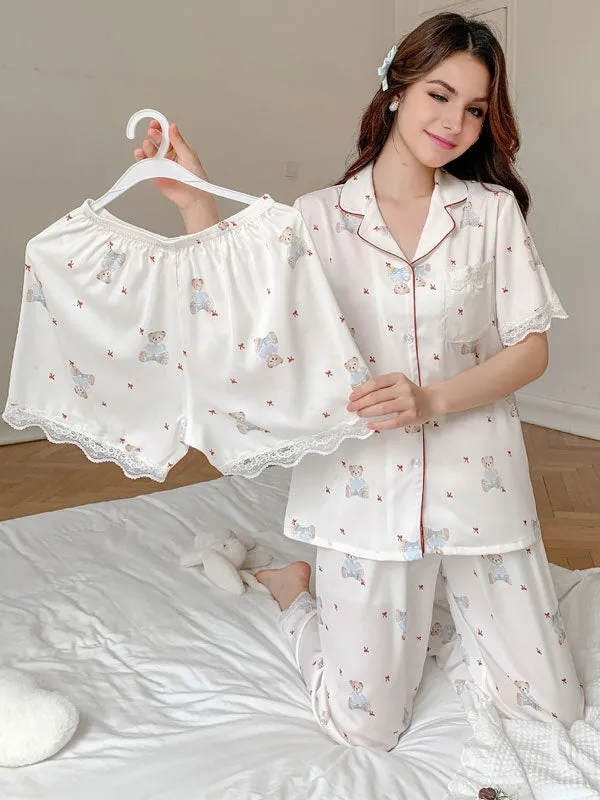 Short Sleeve Lace Trim Bear Printed Pajamas