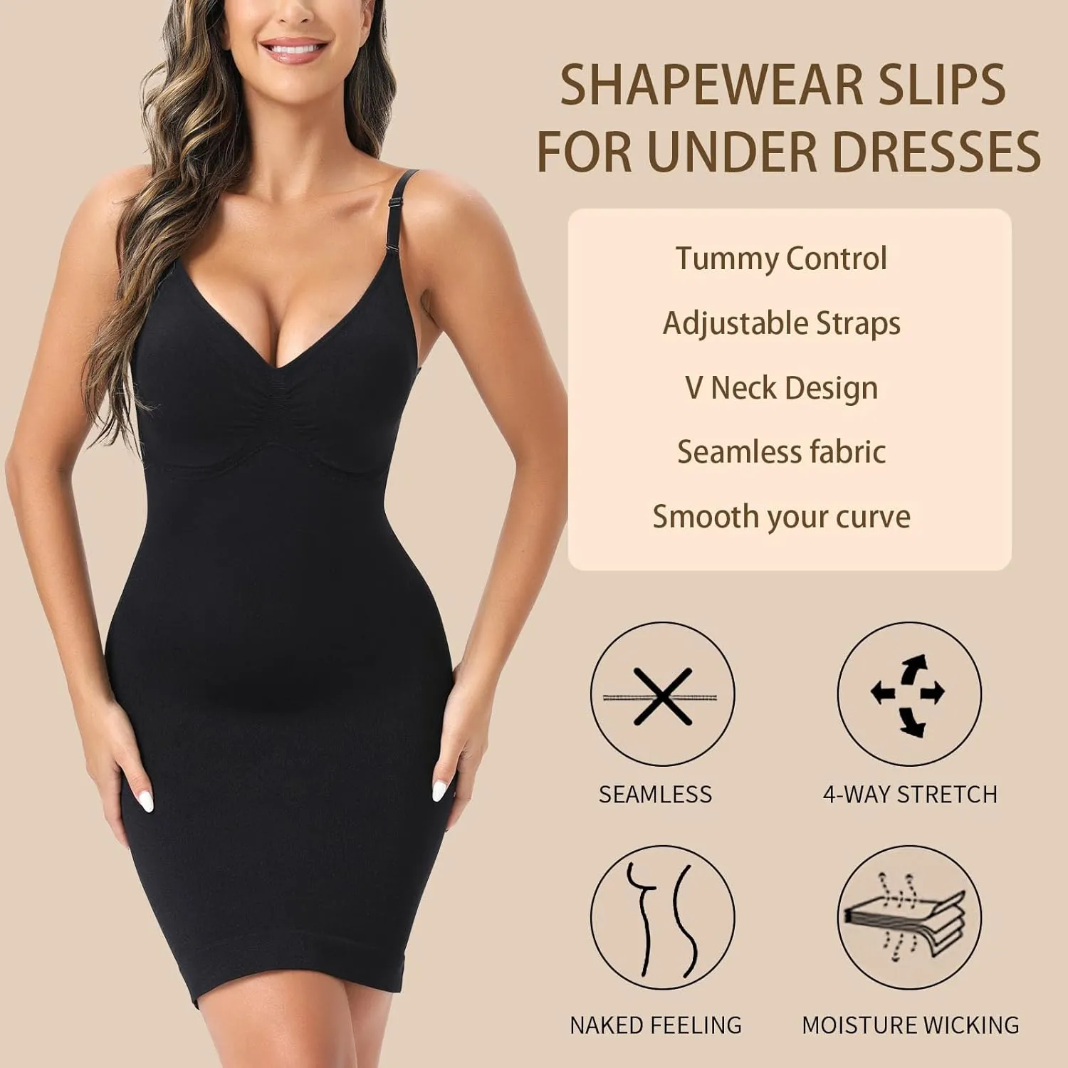 Strapless Shapewear Slip for Women Under Dresses V Neck Full Slip Shaper Tummy Control
