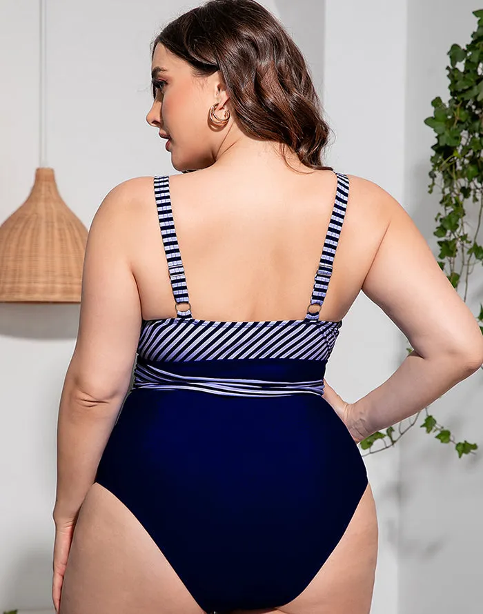 Summervivi-Solid Striped Plus Size One-Piece Swimsuit