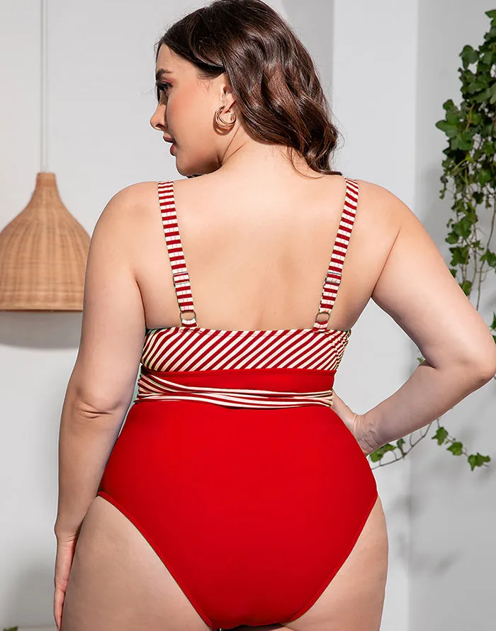Summervivi-Solid Striped Plus Size One-Piece Swimsuit