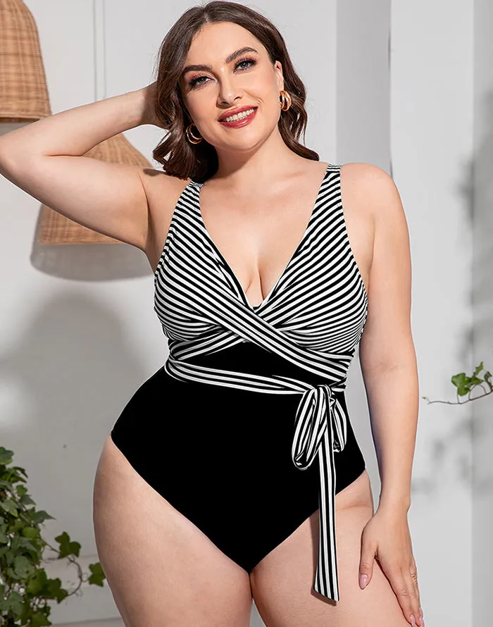 Summervivi-Solid Striped Plus Size One-Piece Swimsuit