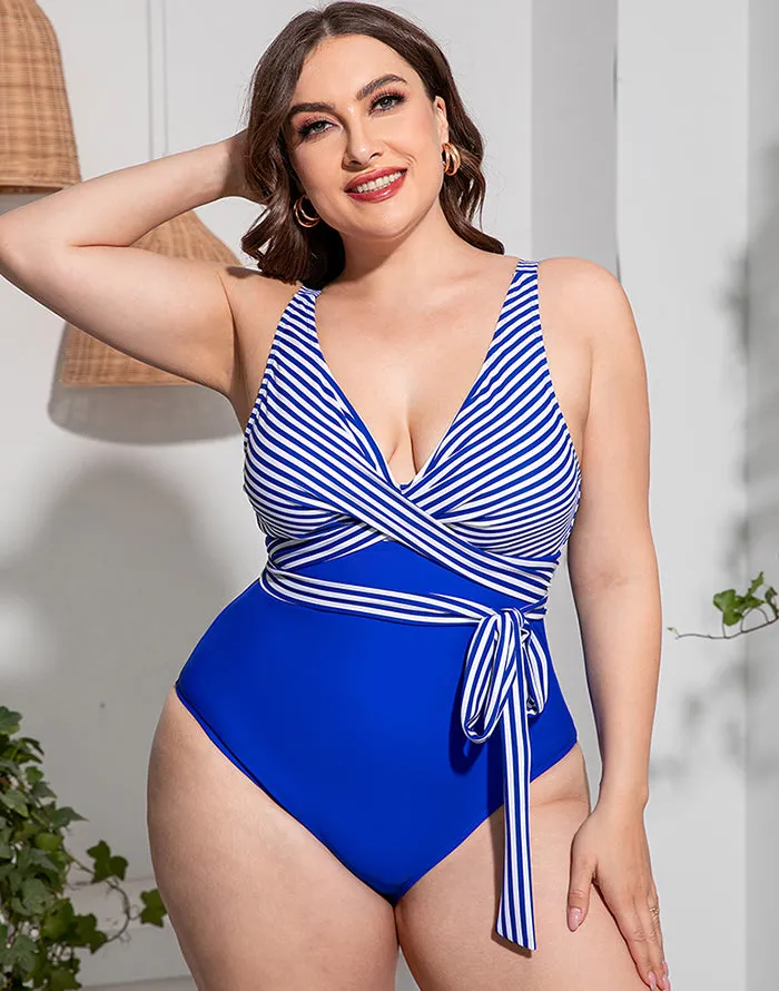 Summervivi-Solid Striped Plus Size One-Piece Swimsuit