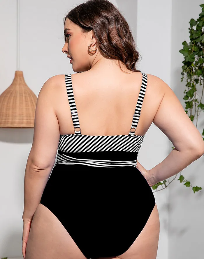 Summervivi-Solid Striped Plus Size One-Piece Swimsuit