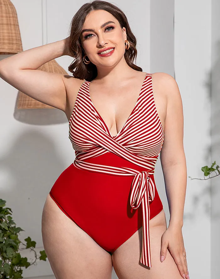 Summervivi-Solid Striped Plus Size One-Piece Swimsuit