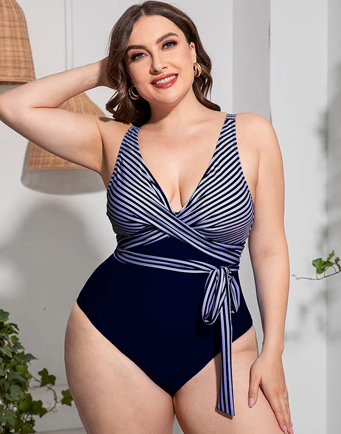 Summervivi-Solid Striped Plus Size One-Piece Swimsuit