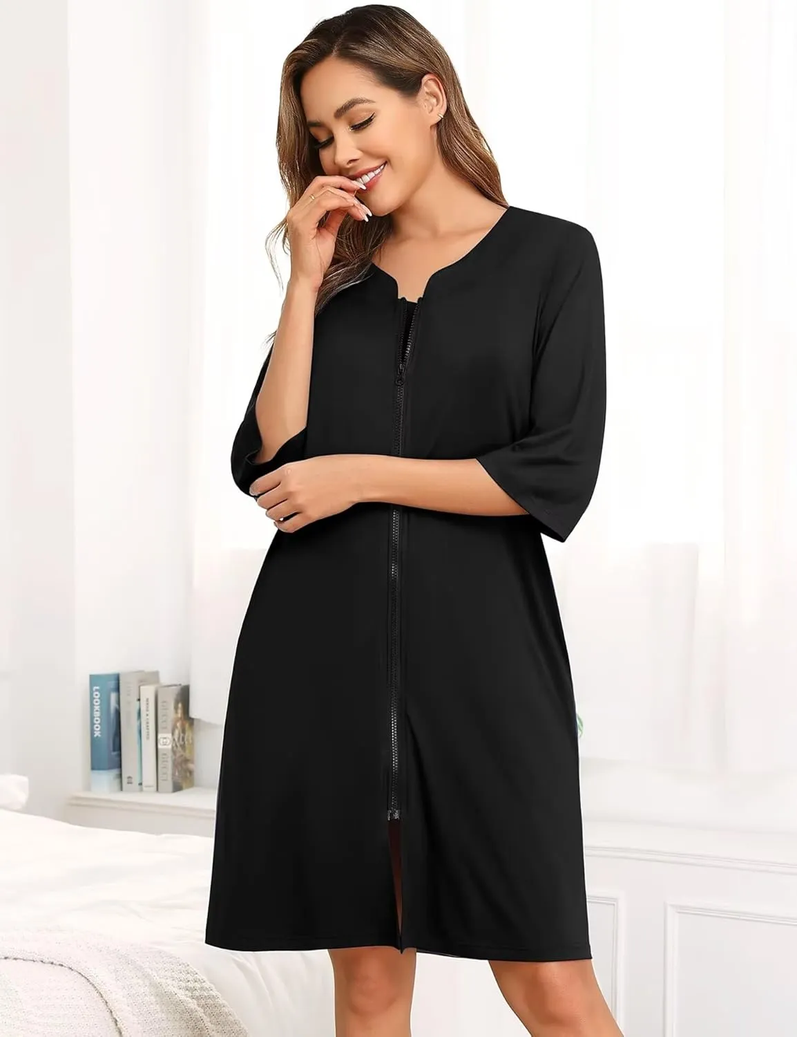 SWOMOG Women House Dress Nightgowns Duster Housecoat Zipper Robe Soft Sleepwear with Pockets