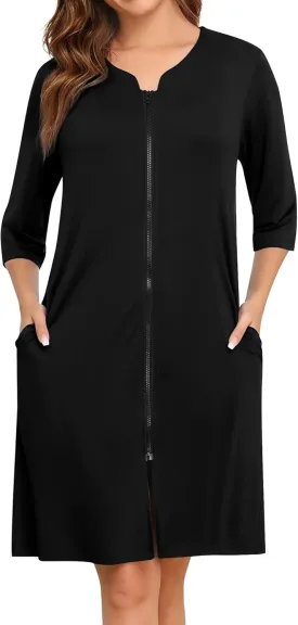SWOMOG Women House Dress Nightgowns Duster Housecoat Zipper Robe Soft Sleepwear with Pockets