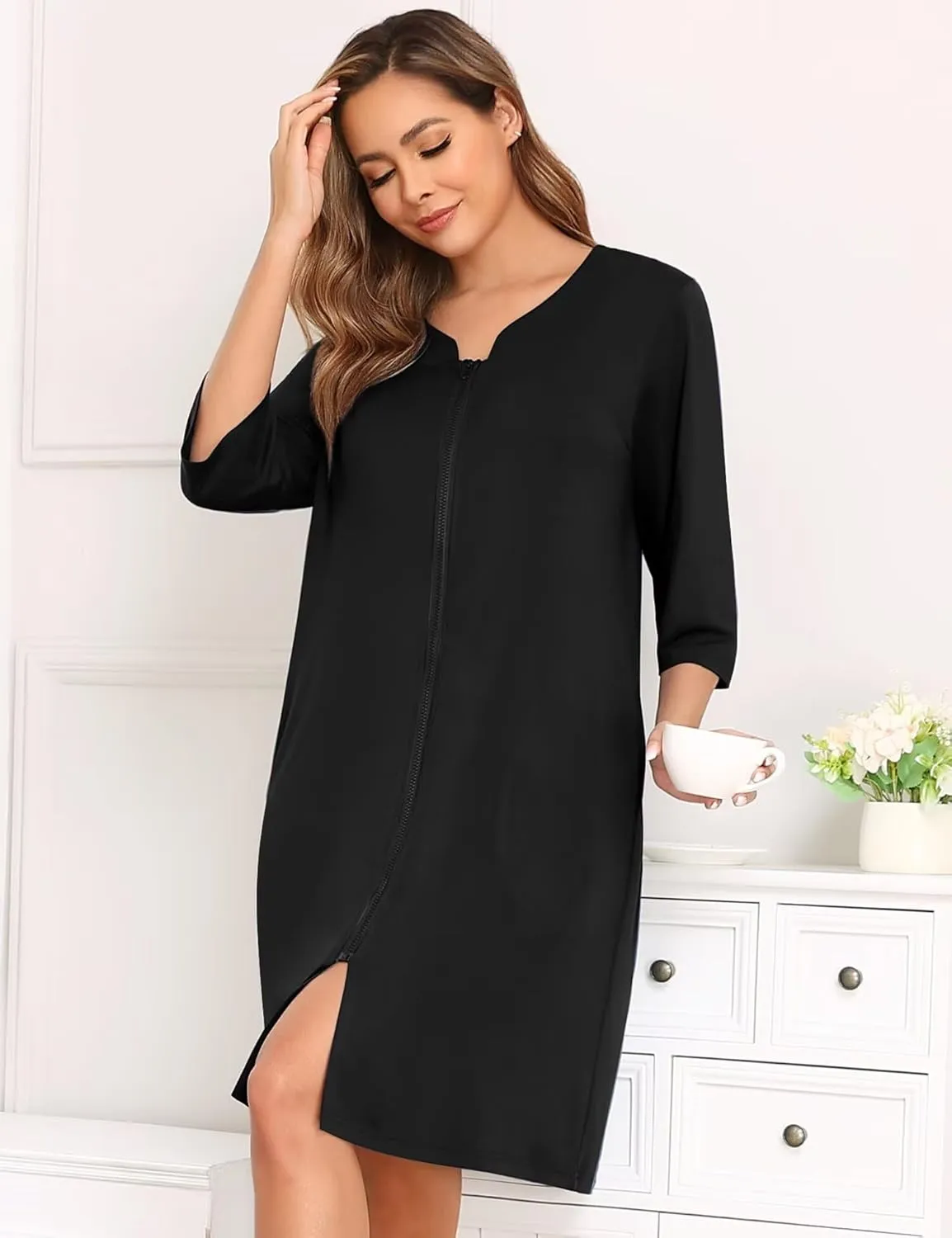 SWOMOG Women House Dress Nightgowns Duster Housecoat Zipper Robe Soft Sleepwear with Pockets