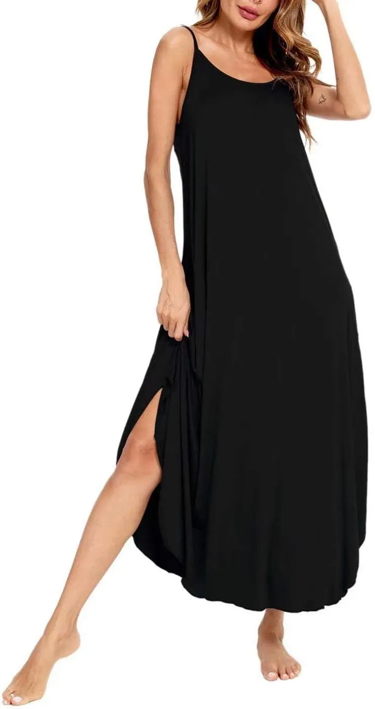 SWOMOG Women Long Nightgown Pajama Dress Soft Strap Nightdress Summer Sleeveless Nightshirt Lounge Dress with Pockets