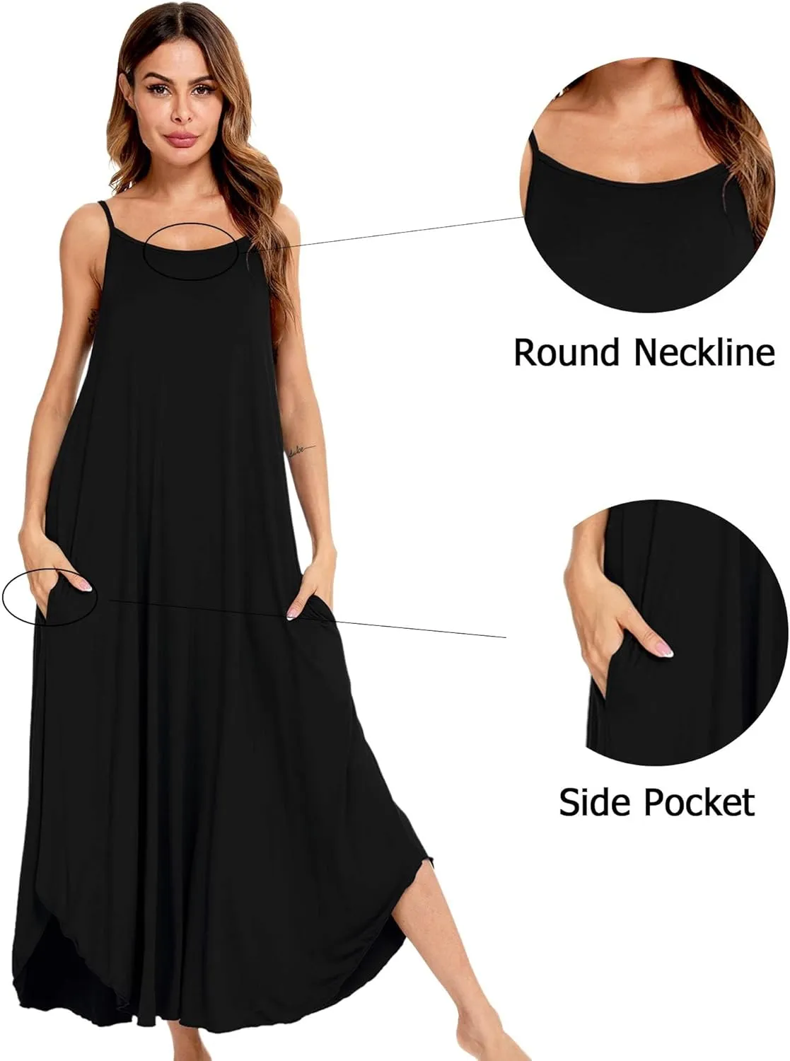 SWOMOG Women Long Nightgown Pajama Dress Soft Strap Nightdress Summer Sleeveless Nightshirt Lounge Dress with Pockets