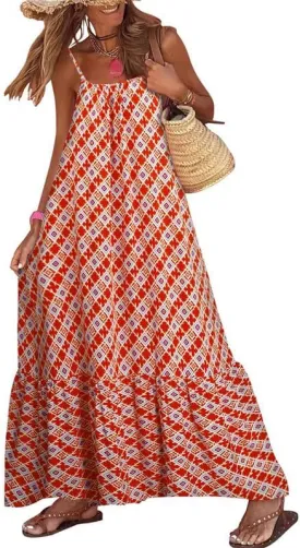 Thopavenoir Boho Floral Print Midi Dress for Women Long Sleeve V Neck Tiered Long Dresses Smocked Beach Bohemian Sundress