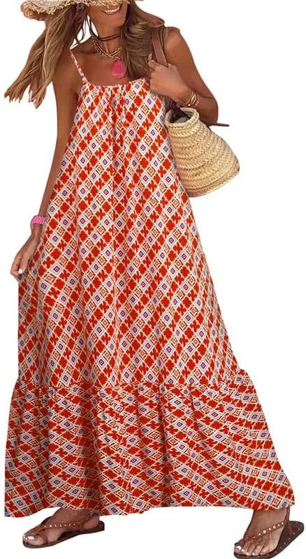 Thopavenoir Boho Floral Print Midi Dress for Women Long Sleeve V Neck Tiered Long Dresses Smocked Beach Bohemian Sundress