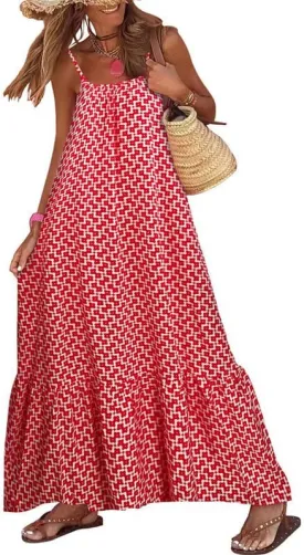 Thopavenoir Boho Floral Print Midi Dress for Women Long Sleeve V Neck Tiered Long Dresses Smocked Beach Bohemian Sundress