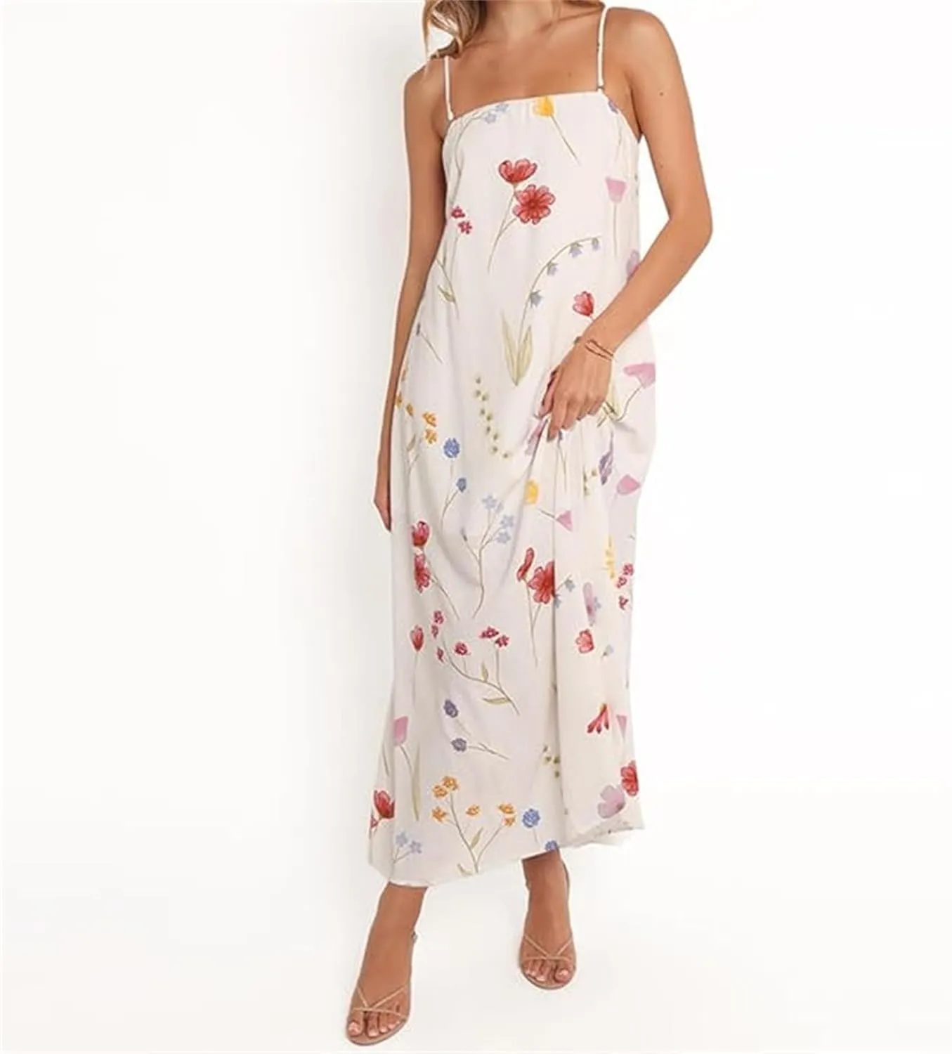 Thopavenoir Boho Floral Print Midi Dress for Women Long Sleeve V Neck Tiered Long Dresses Smocked Beach Bohemian Sundress