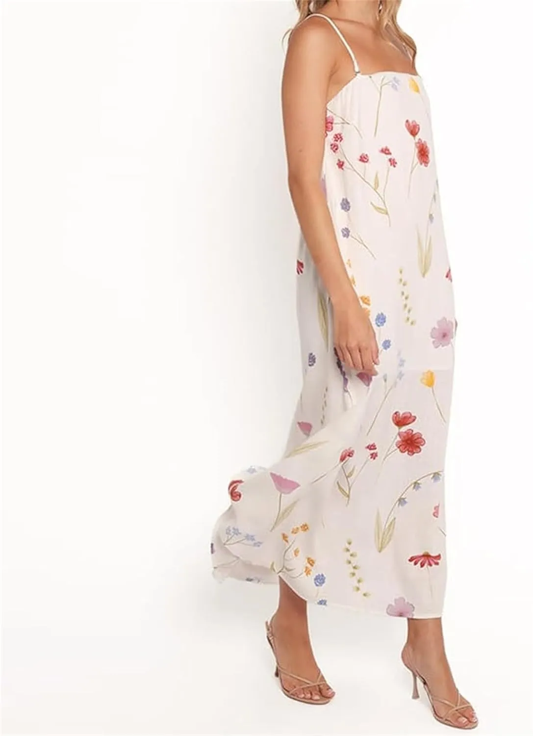 Thopavenoir Boho Floral Print Midi Dress for Women Long Sleeve V Neck Tiered Long Dresses Smocked Beach Bohemian Sundress
