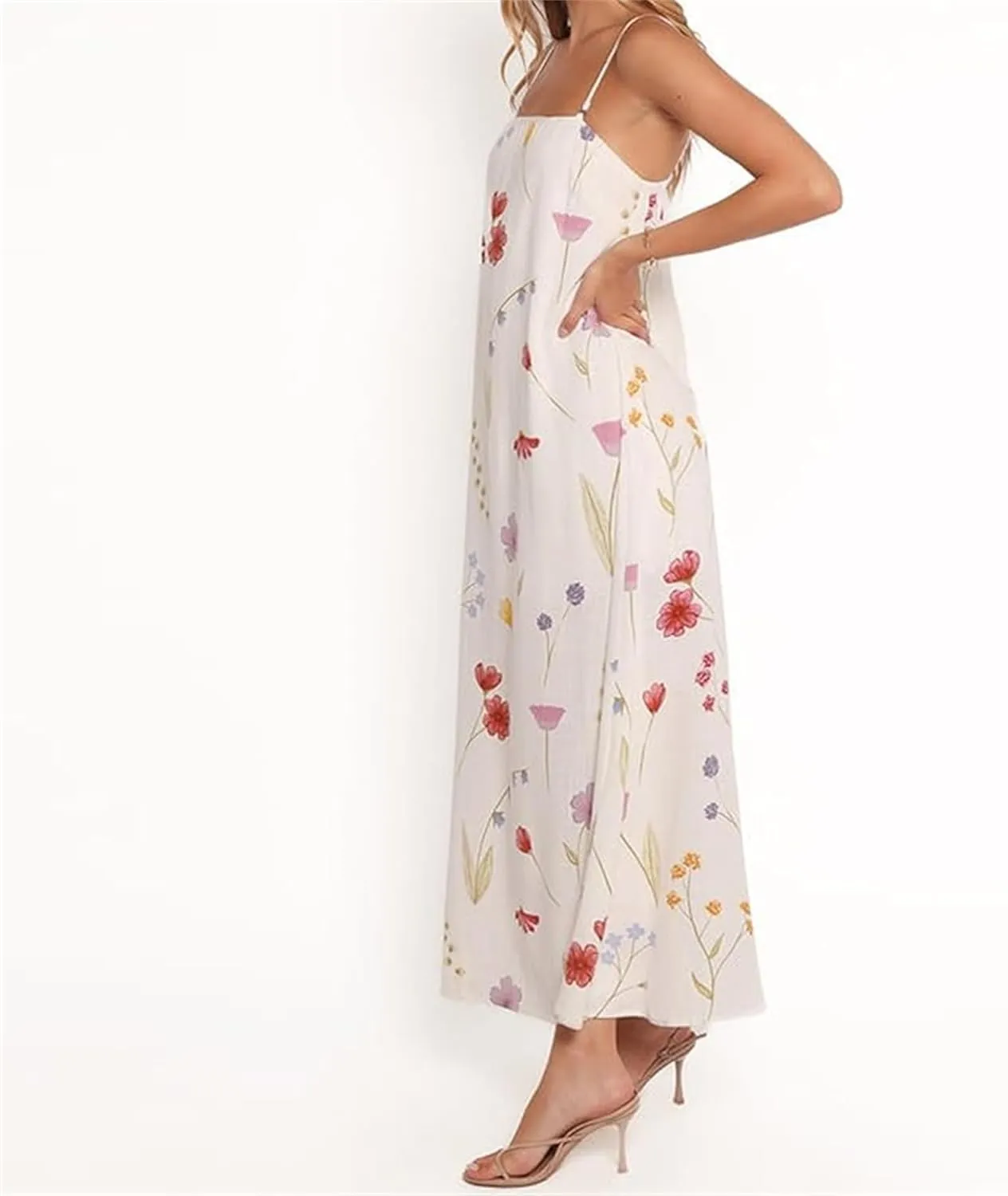Thopavenoir Boho Floral Print Midi Dress for Women Long Sleeve V Neck Tiered Long Dresses Smocked Beach Bohemian Sundress