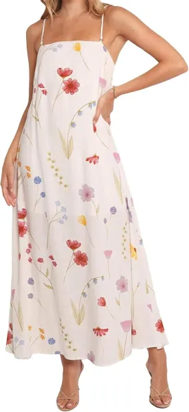Thopavenoir Boho Floral Print Midi Dress for Women Long Sleeve V Neck Tiered Long Dresses Smocked Beach Bohemian Sundress