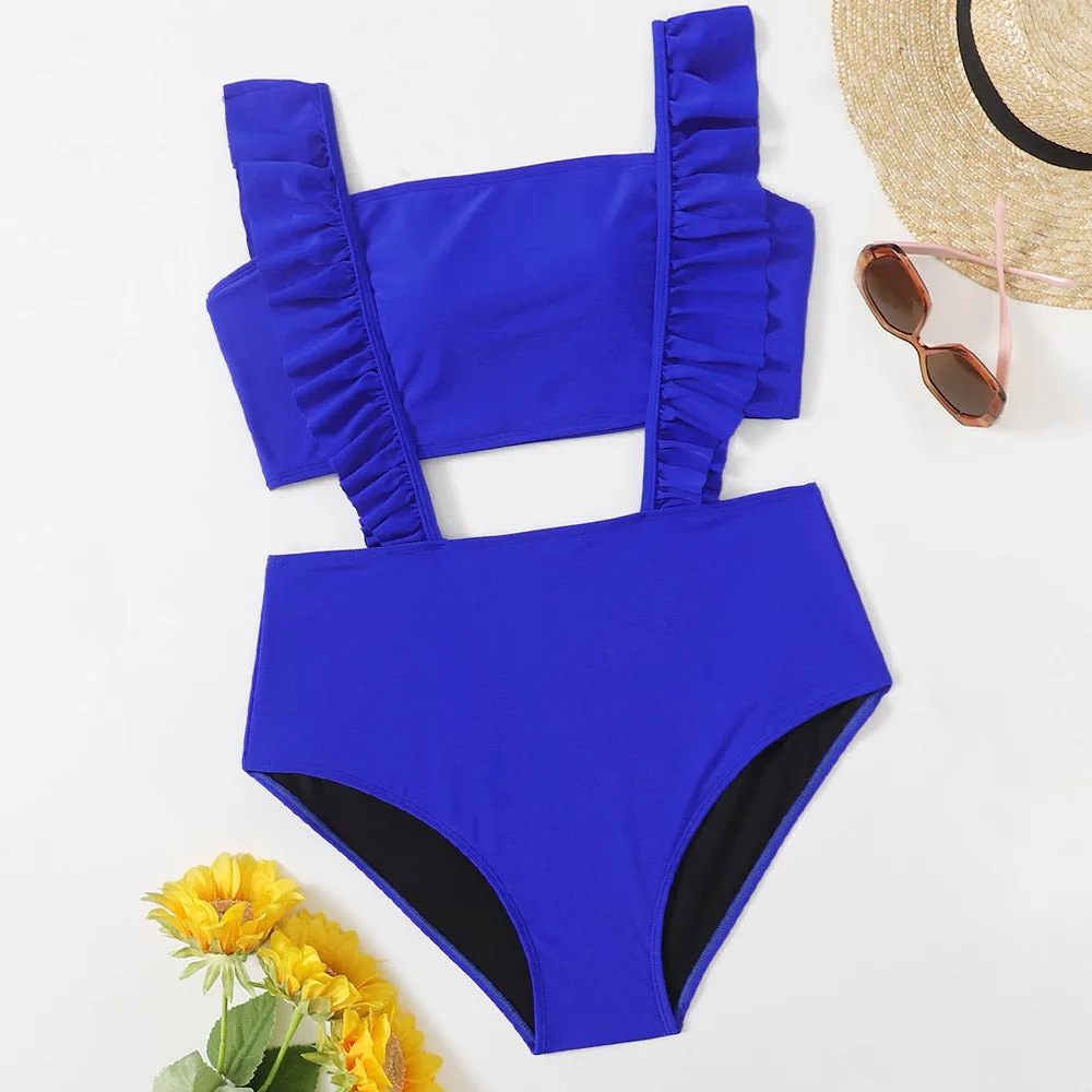 Upopby Solid Ruffled Hollow One-Piece Swimsuit High Waist Bikini