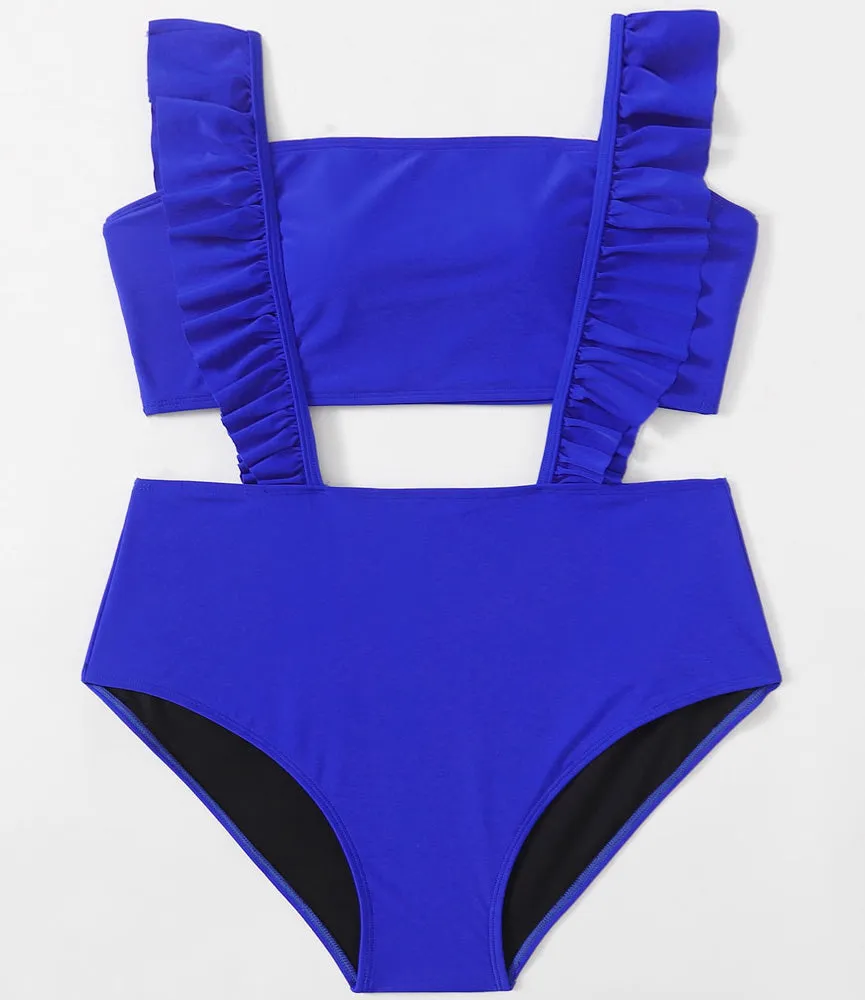 Upopby Solid Ruffled Hollow One-Piece Swimsuit High Waist Bikini