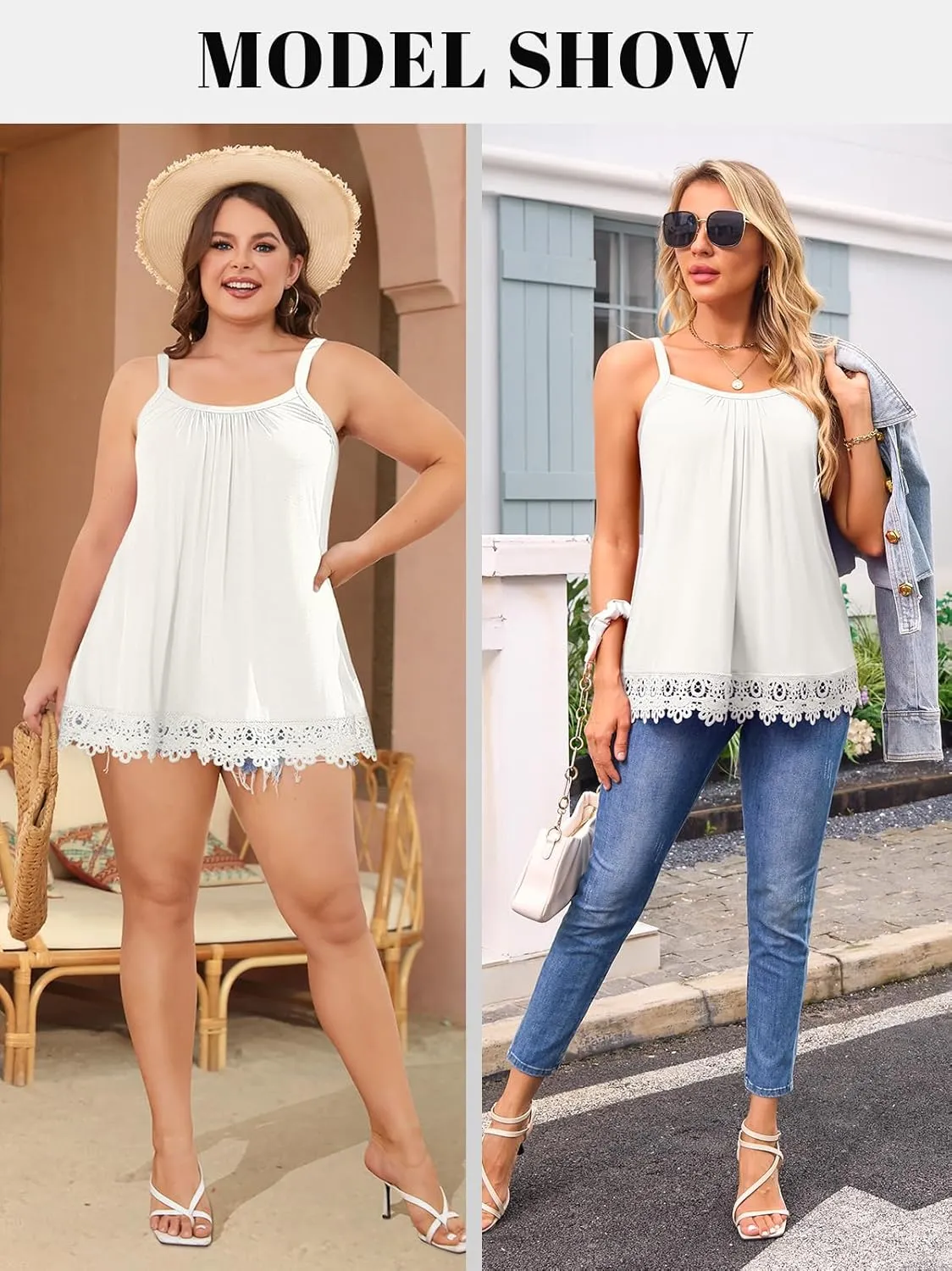 V FOR CITY Womens Flowy Lace Camisole with Built in Bra Adjustable Straps Loose Scoop Neck Tank Top