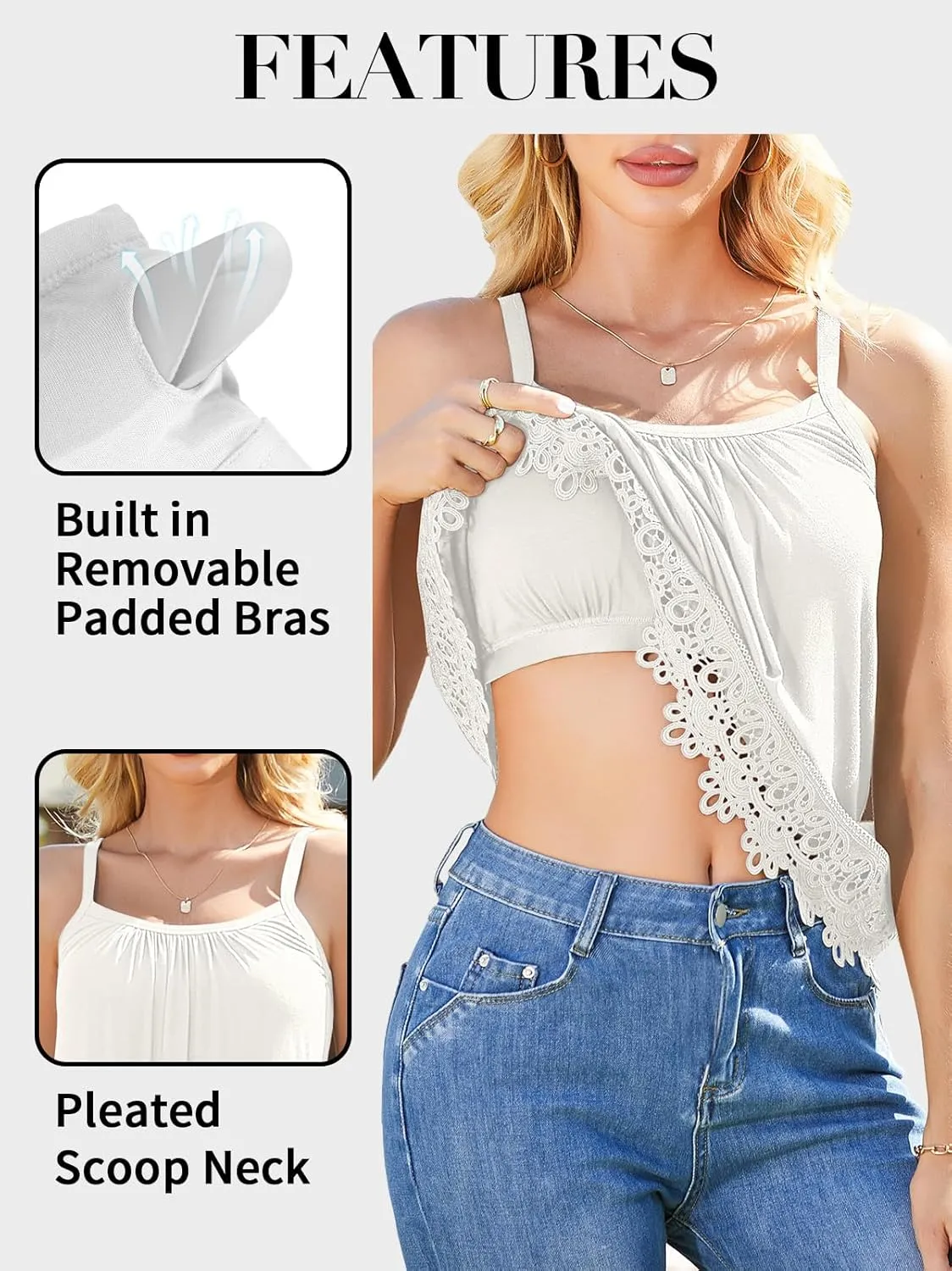 V FOR CITY Womens Flowy Lace Camisole with Built in Bra Adjustable Straps Loose Scoop Neck Tank Top