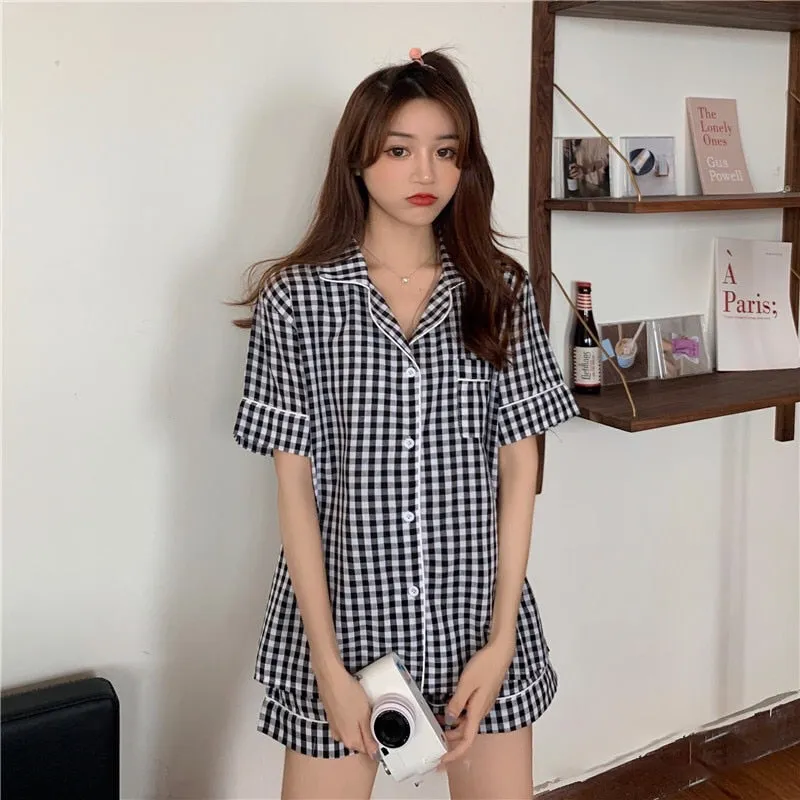 VenusFox Sweet Pajamas Women Sleepwear Sets Femme Summer Pajamas Short Sleeve Suit Leisure Korea Style Cow Printed 2PCS Plaid