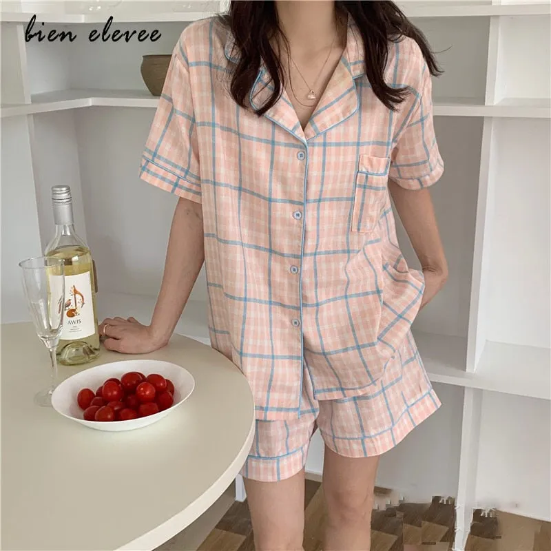 VenusFox Sweet Pajamas Women Sleepwear Sets Femme Summer Pajamas Short Sleeve Suit Leisure Korea Style Cow Printed 2PCS Plaid