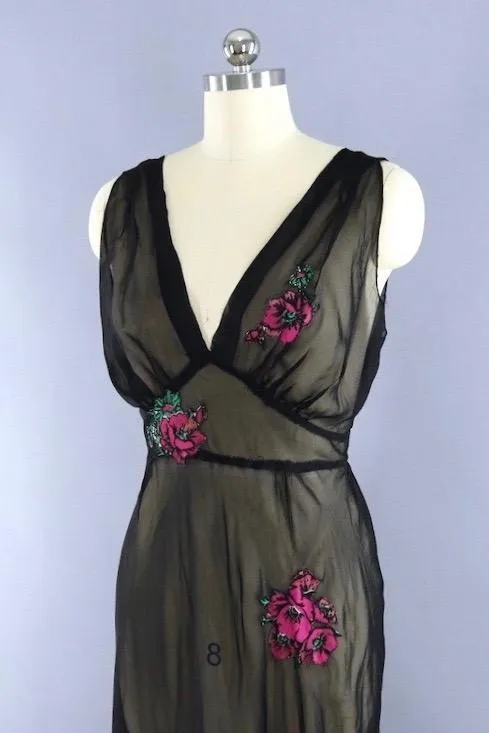 Vintage 1930s Black Bias Cut Nightgown with Pink Roses