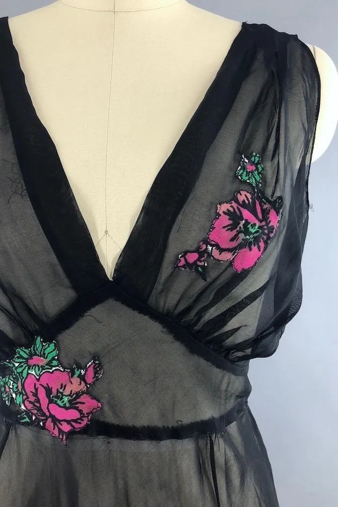 Vintage 1930s Black Bias Cut Nightgown with Pink Roses