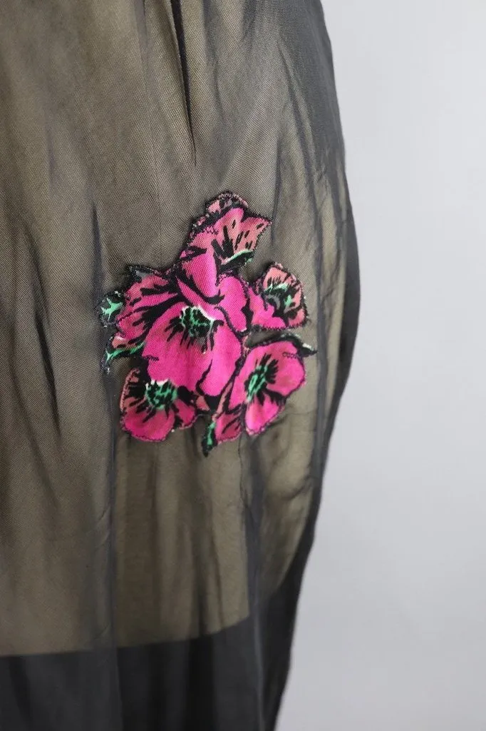 Vintage 1930s Black Bias Cut Nightgown with Pink Roses