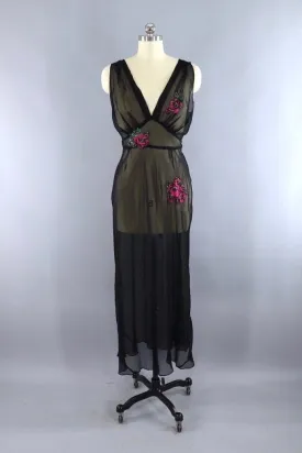 Vintage 1930s Black Bias Cut Nightgown with Pink Roses