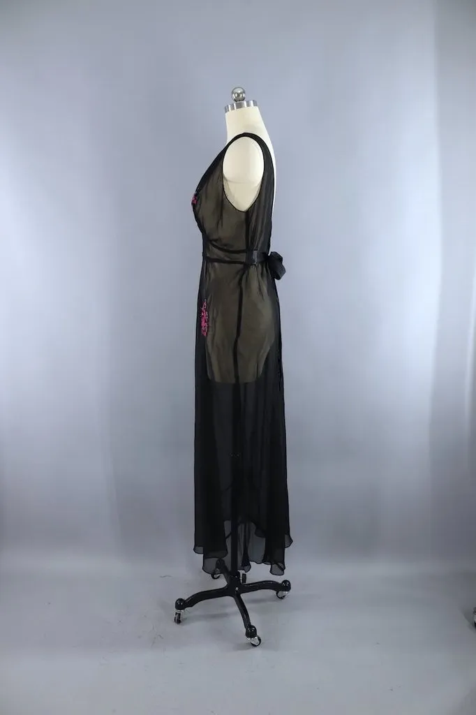 Vintage 1930s Black Bias Cut Nightgown with Pink Roses