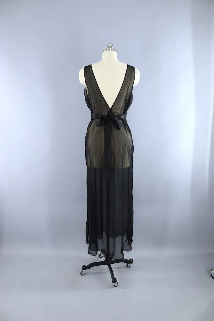 Vintage 1930s Black Bias Cut Nightgown with Pink Roses