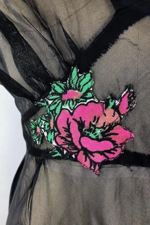 Vintage 1930s Black Bias Cut Nightgown with Pink Roses