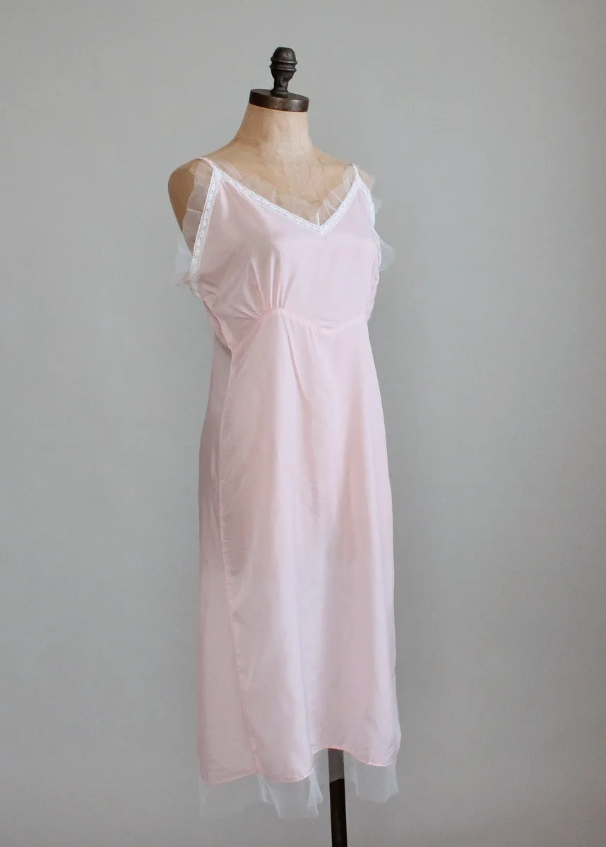 Vintage 1940s Pale Pink Rayon Nightgown with White Mesh Trim
