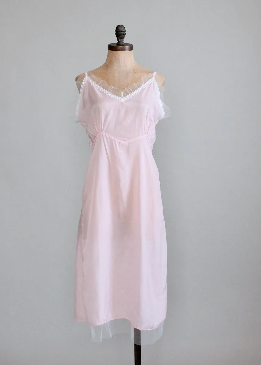 Vintage 1940s Pale Pink Rayon Nightgown with White Mesh Trim
