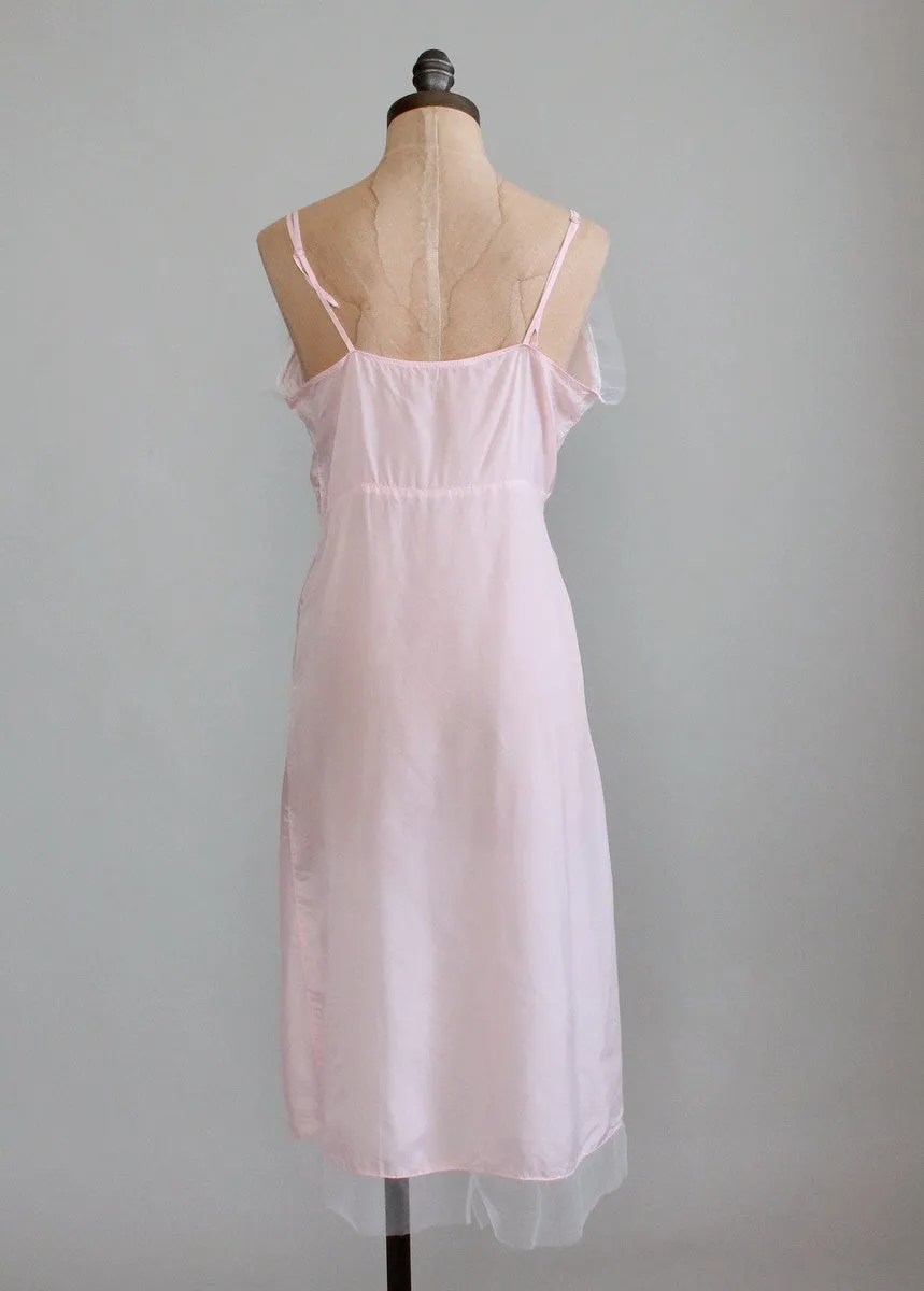 Vintage 1940s Pale Pink Rayon Nightgown with White Mesh Trim