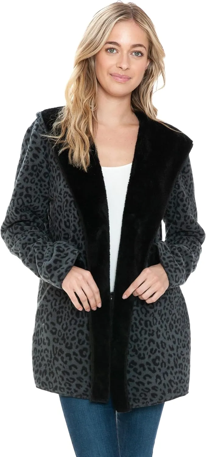Wearable Blanket Hoodie in Thick Fleece Jacket with Pocket - Black Leopard - Large Size - for Women and Men, Warm and Cozy