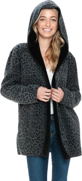 Wearable Blanket Hoodie in Thick Fleece Jacket with Pocket - Black Leopard - Large Size - for Women and Men, Warm and Cozy