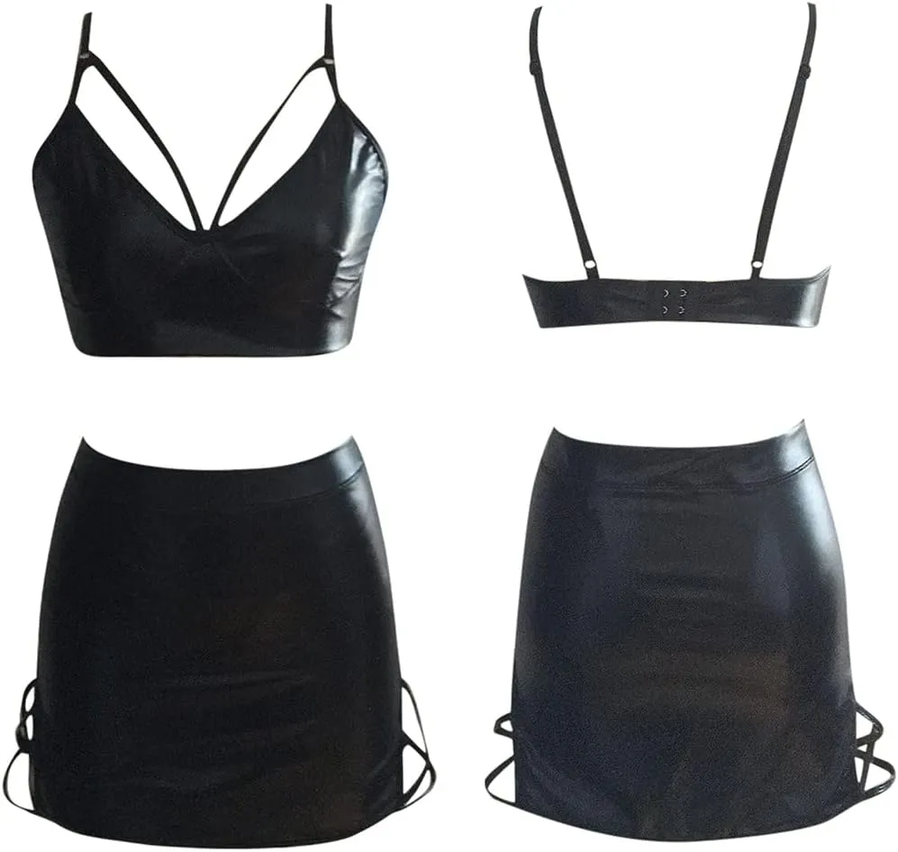 Women Leather Dress Sexy Strappy Lingerie Cut Out PU Leather Babydoll Bodycon Mini Nightclub Dress Wet Look Outfit