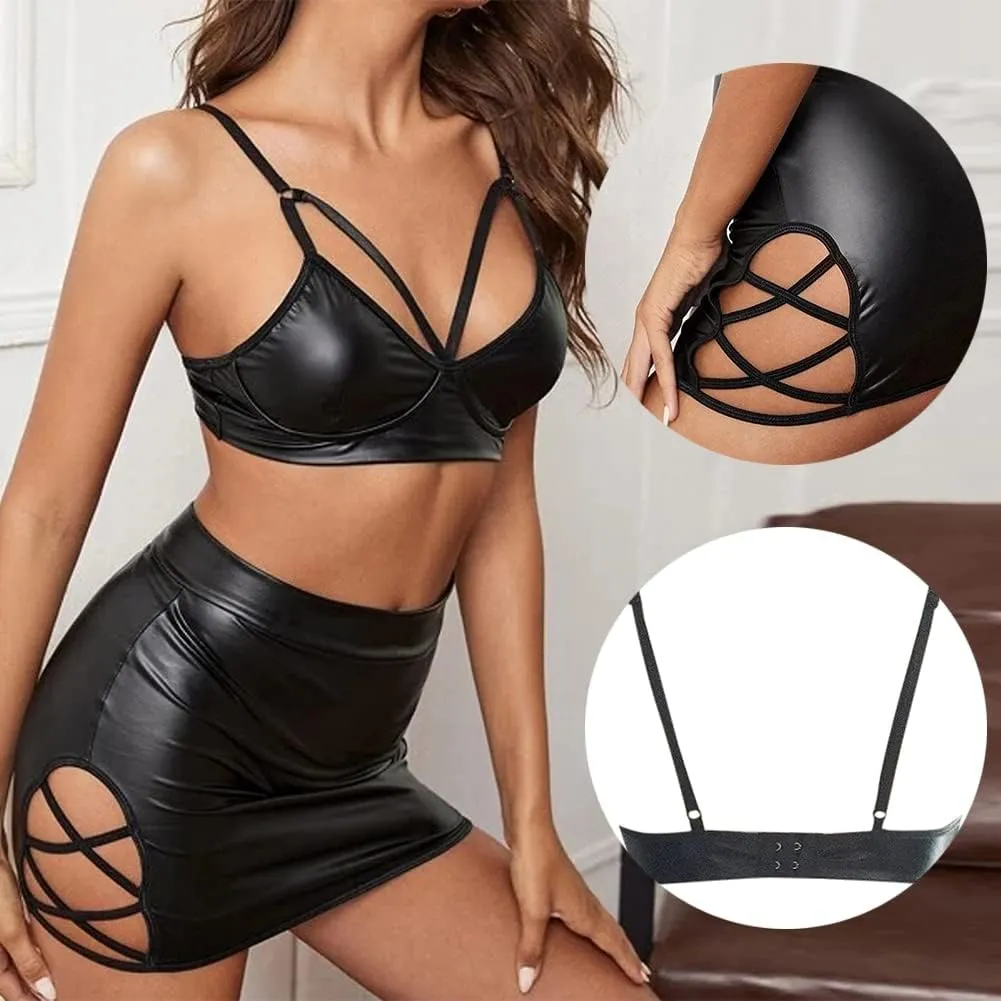 Women Leather Dress Sexy Strappy Lingerie Cut Out PU Leather Babydoll Bodycon Mini Nightclub Dress Wet Look Outfit