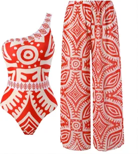 Women One Piece Swimsuit with Cover up Set High Waisted Beach Wrap Skirt Two Piece Bathing Suit