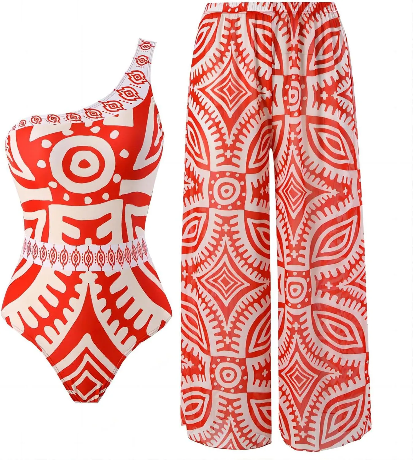 Women One Piece Swimsuit with Cover up Set High Waisted Beach Wrap Skirt Two Piece Bathing Suit