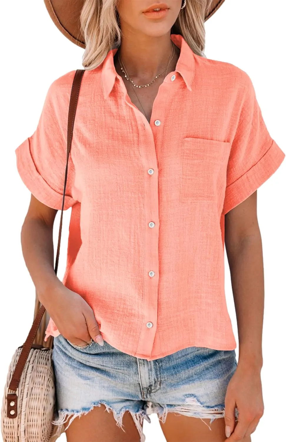 Womens Cotton Linen Short Sleeve Button Down Shirts Casual V Neck Plain Blouses Tops