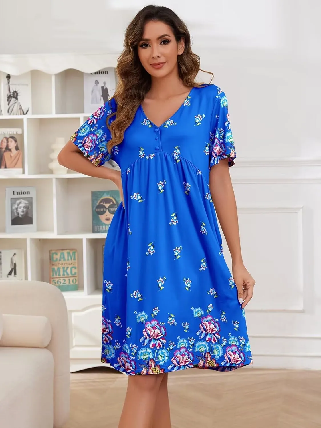 Womens House Dress Floral Print Nightgown with Pockets Mumu Dress S-3XL