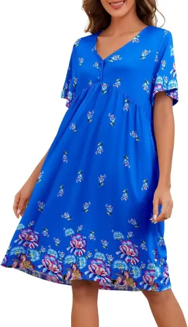 Womens House Dress Floral Print Nightgown with Pockets Mumu Dress S-3XL