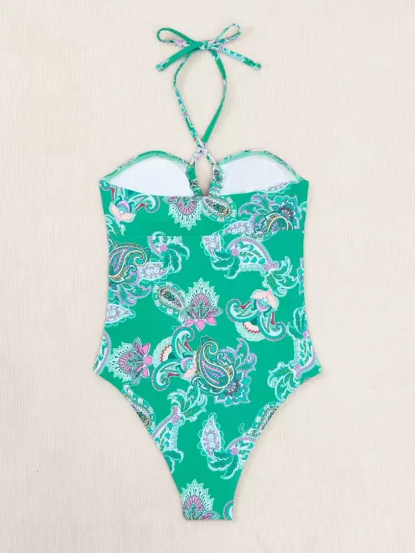 Women's Paisley Print Halter One-Piece with Belly Control