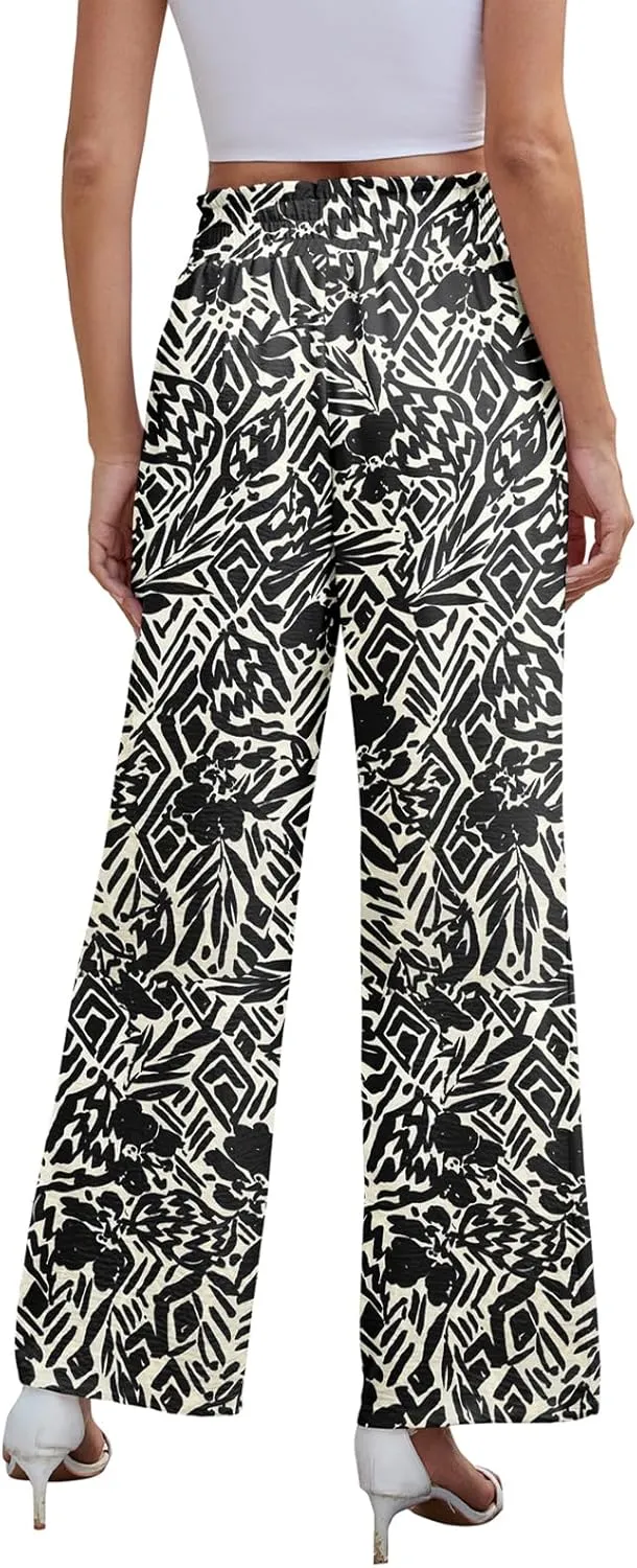 Women's Palazzo Pants Wide Leg High Waisted with Pockets Casual Lightweight Trousers Elastic Waist Summer Beach