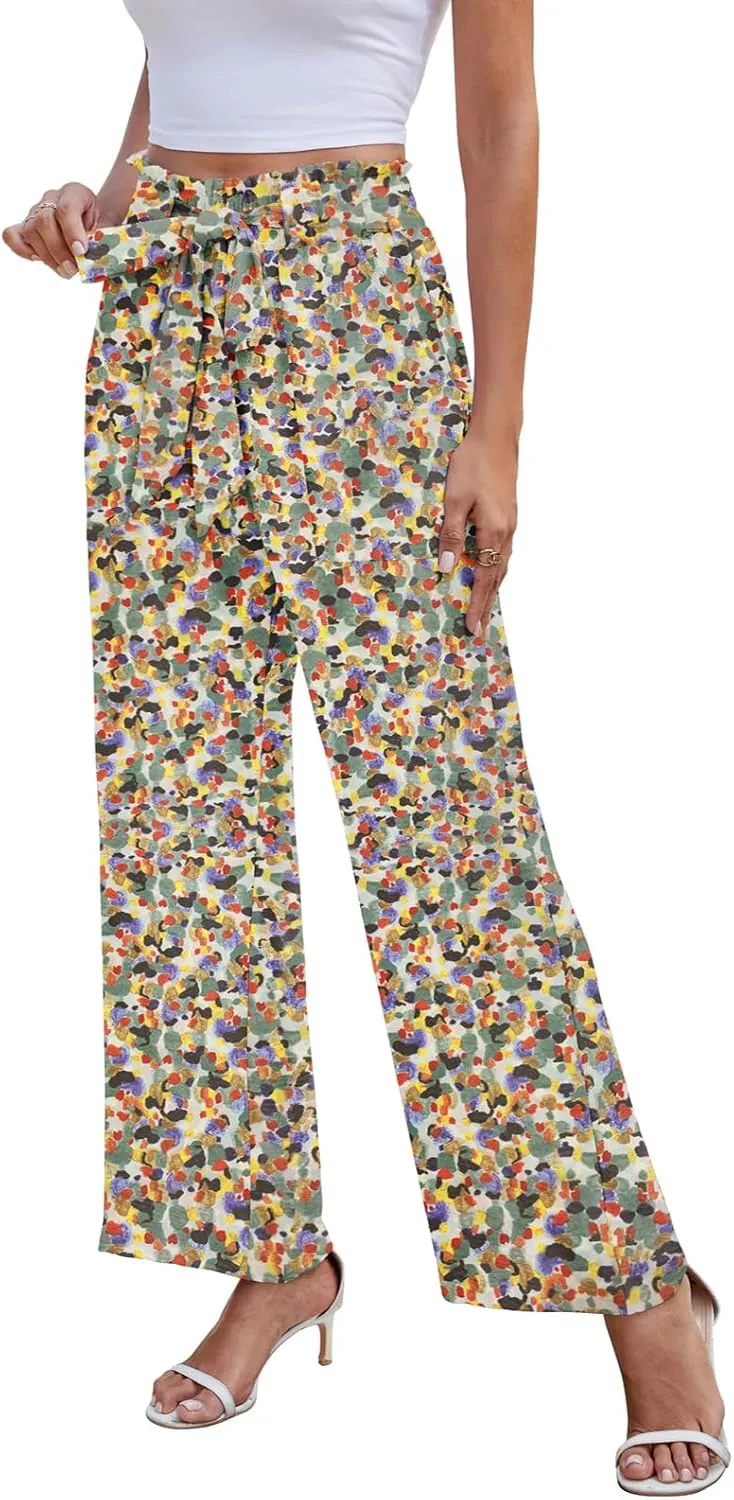 Women's Palazzo Pants Wide Leg High Waisted with Pockets Casual Lightweight Trousers Elastic Waist Summer Beach